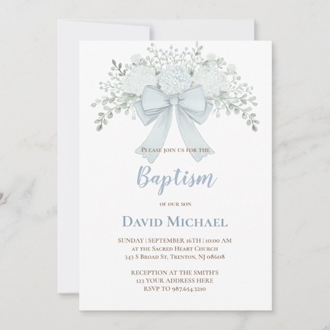 Invitation Baptême ruban floral bleu pastel (Devant)