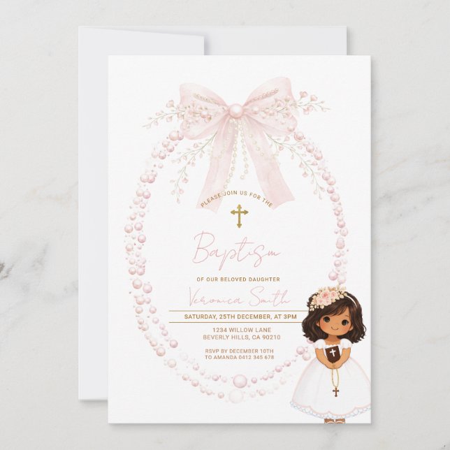 Invitation Baptême Ruban Rose Fille Douce Christening (Devant)