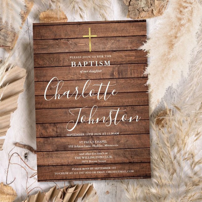 Invitation Baptême Rustique Bois Signature Écriture (Rustic Wood Signature Script Baptism Christening Invitation)