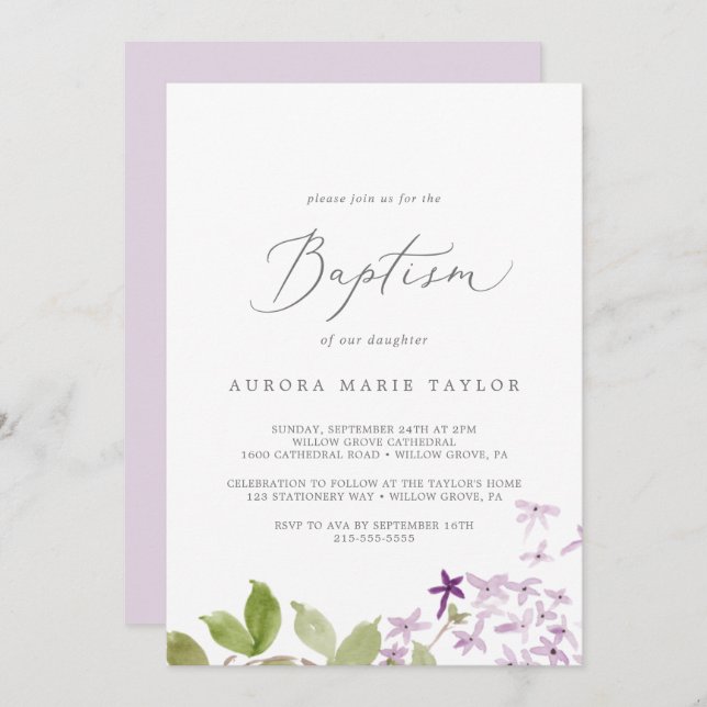 Invitation Baptême rustique Lilac (Devant / Derrière)