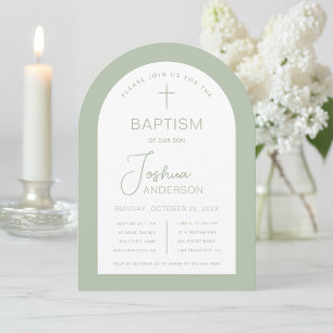 Invitation Baptême Sage Arc Vert moderne Script Christening