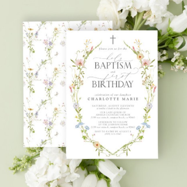 Invitation Baptême Saint et 1er anniversaire Fleur sauvage Na (Easily personalize this baptism and first birthday invite with your personal details.)