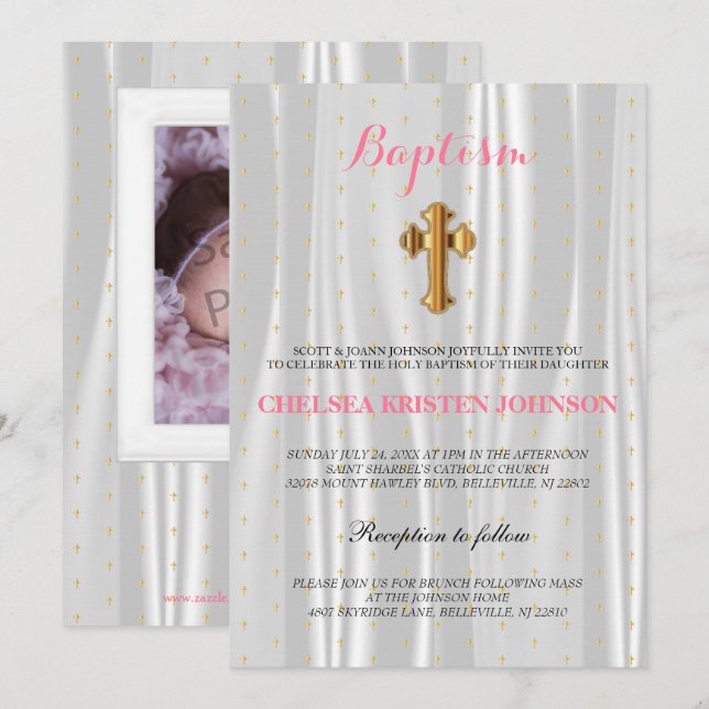 Invitation Baptême Satin Blancs / Baptême (Devant / Derrière)