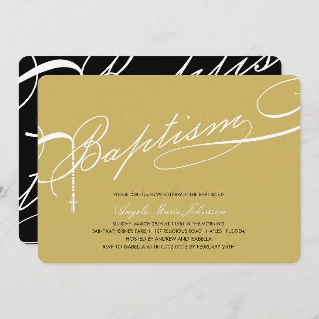 Invitation Baptême scénarisé Rosaire Croix d'or religieuse (Devant / Derrière)