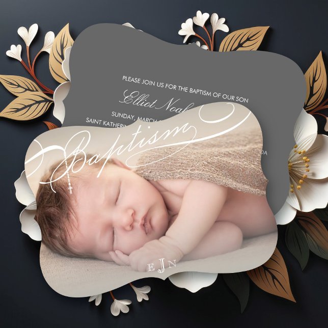 Invitation Baptême scénarisé Rosaire Croix Monogramme Religie (Elegant Scripted Baptism Rosary Cross Monogram Classic Photo Religious Invitation @ fat_fa_tin)