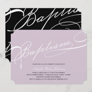 Invitation Baptême scénarisé Rosaire Croix violet Religieux