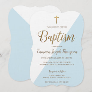 Invitation Baptême Simple Bleu Blanc Or Moderne Étalé