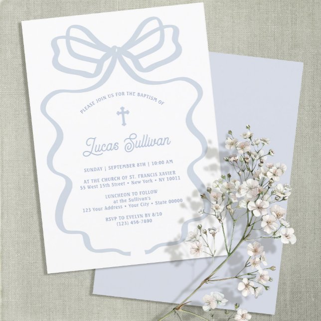 Invitation Baptême simple Bleu Bow (Créateur téléchargé)