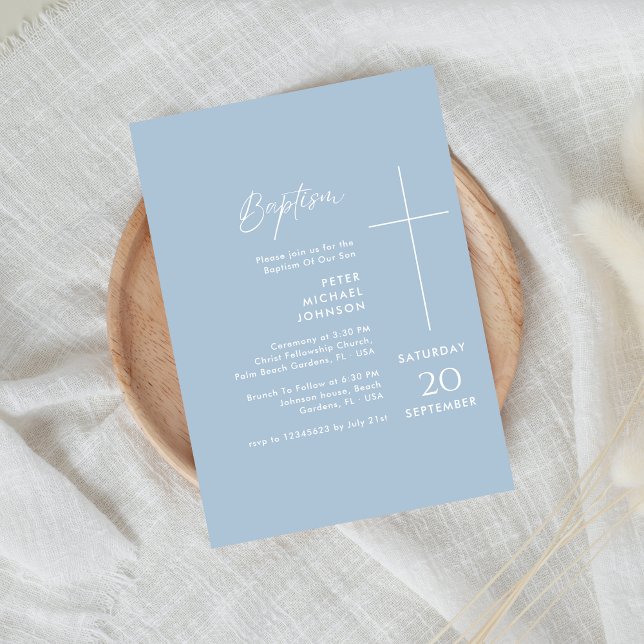 Invitation Baptême simple Christening Dusty Blue Baby Boy Bap (Créateur téléchargé)