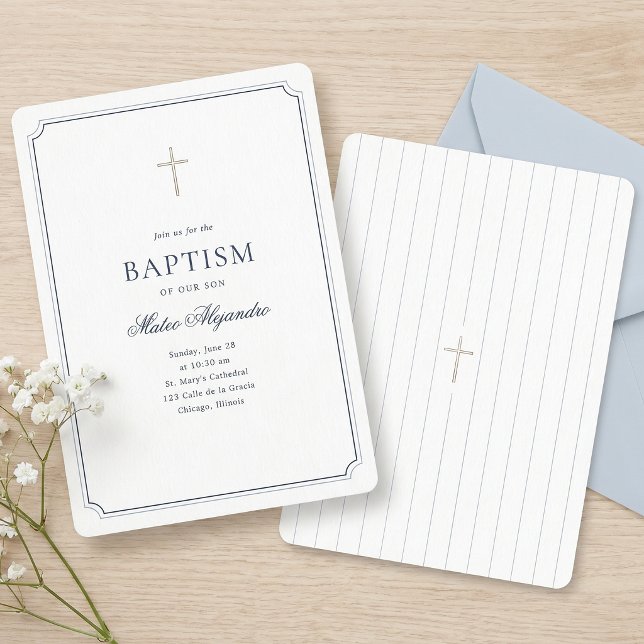 Invitation Baptême simple classique élégant marine  (Créateur téléchargé)