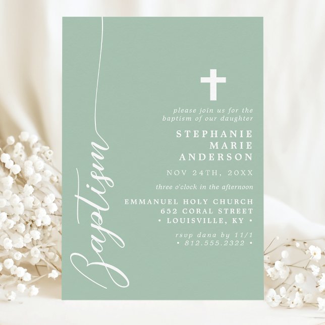 Invitation Baptême Simple Moderne Écriture Dusty Mint (Créateur téléchargé)