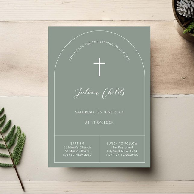Invitation Baptême simple sauge vert minimaliste (Créateur téléchargé)