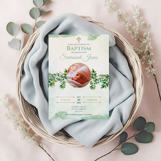 Invitation Baptême sur mesure floral élégant vert (Créateur téléchargé)