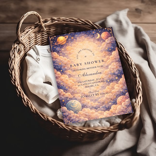 Invitation Baptême Thème Nuages Planètes Célestes Bébé (Créateur téléchargé)