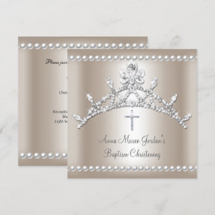 Invitation Baptême Tiara Sepia Silver White Pearl Diamond