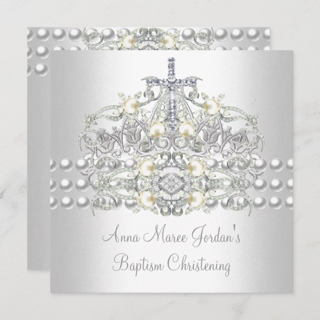 Invitation Baptême Tiara Silver White Pearl Diamond (Devant / Derrière)