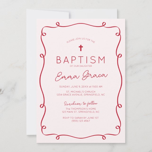 Invitation Baptême tirée à main rose et rouge (Devant)