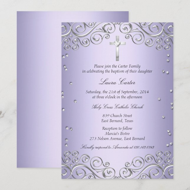 Invitation Baptême Tourbillon Argent Violet & Croix (Devant / Derrière)