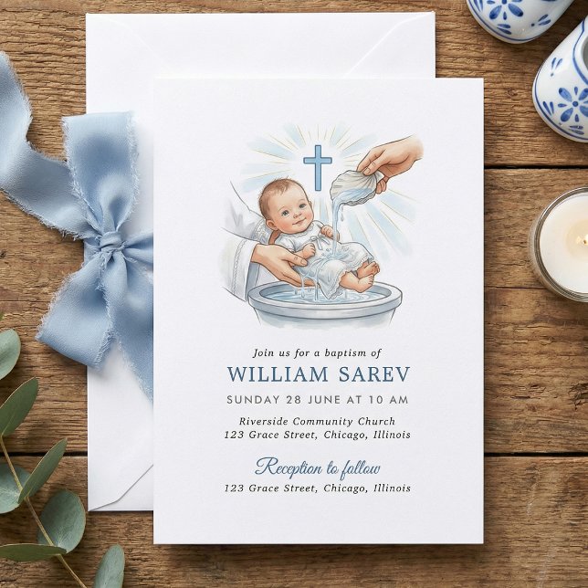 Invitation Baptême traditionnel pour bébé garçon, coquille bl (Créateur téléchargé)