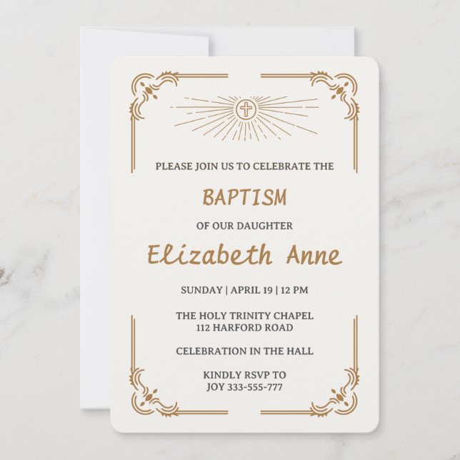 Invitation Baptême Traditionnel pour Fille Croix d'Or (Devant)