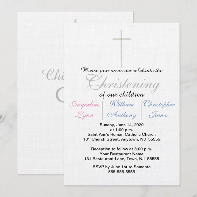 Invitation Baptême Triplés Bleu Rose (Devant / Derrière)
