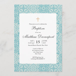 Invitation Baptême turquoise avec tuiles branchées