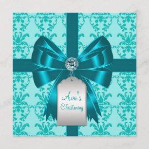 Invitation Baptême turquoise Bleu Damas Bébé Baptême Christen