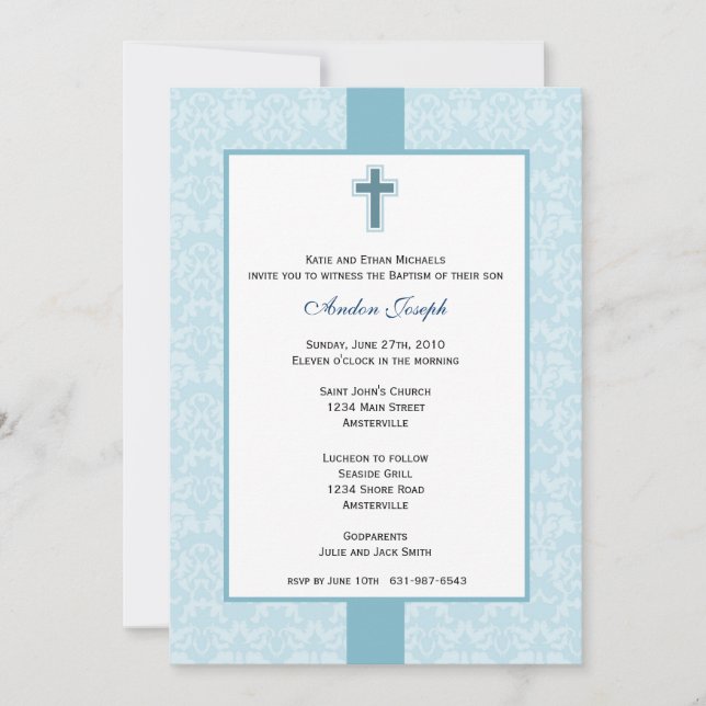 Invitation Baptême turquoise Damas. (Devant)