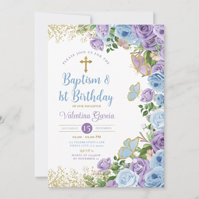 Invitation Baptême Twin & 1er anniversaire Purple et Floral B (Devant)