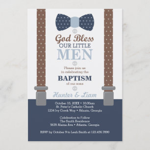 Invitation Baptême Twin Little Men, Bleu, Brown