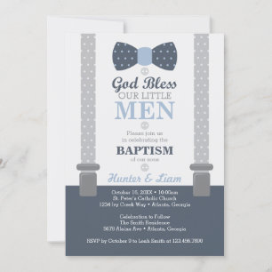 Invitation Baptême Twin Little Men, Bleu, Gris