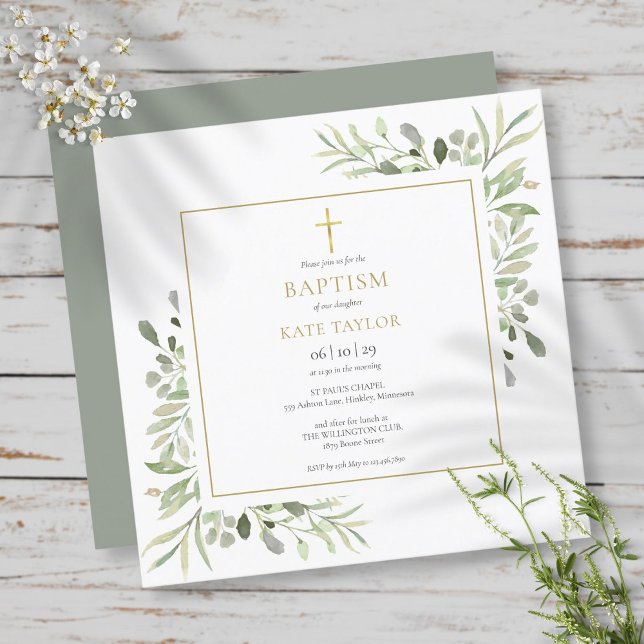 Invitation Baptême végétation aquarelle (Créateur téléchargé)