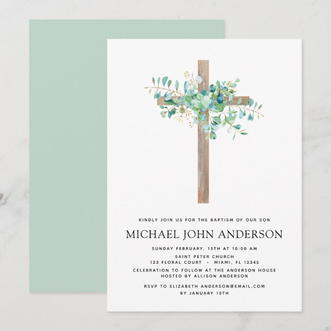Invitation Baptême Verdure Eucalyptus Sage Botanique Invitat (Devant / Derrière)