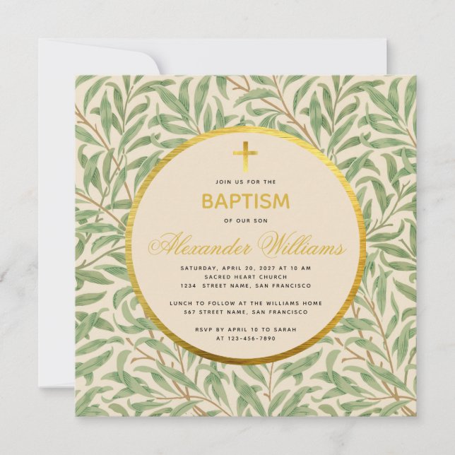 Invitation Baptême Verdure Faux Gold Circle Genre Neutre (Devant)