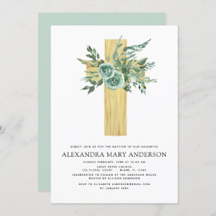 Invitation Baptême Verdure Sage Eucalyptus Croix en bois