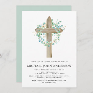 Invitation Baptême Verdure Sage Eucalyptus Croix en bois Invi