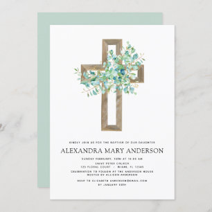 Invitation Baptême Verdure Sage Eucalyptus Gold Cross