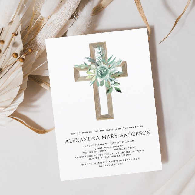 Invitation Baptême Verdure Sage Eucalyptus Gold Cross (Créateur téléchargé)