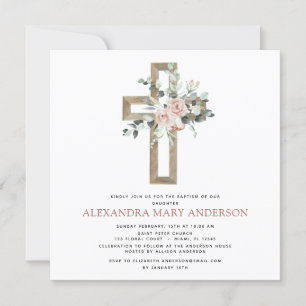 Invitation Baptême Vert Dusty Rose Croix