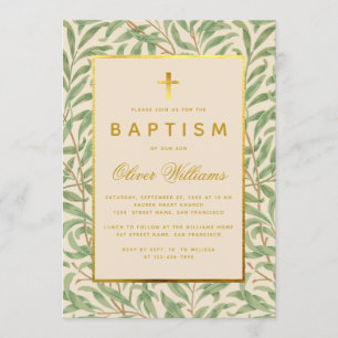 Invitation Baptême Vert Feuilles Faux Gold Cross Morris Willo