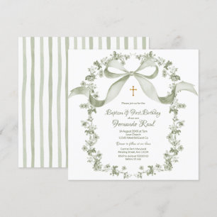 Invitation Baptême Vert Sage Neutre Élégant Toile Française