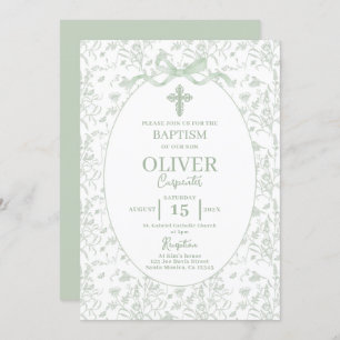Invitation Baptême vert Toile Sage