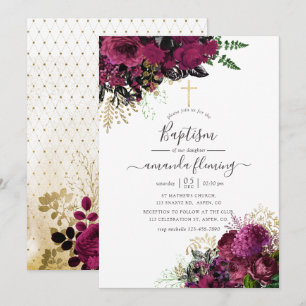 Invitation Baptême vintage Bourgogne - Marsala et Or