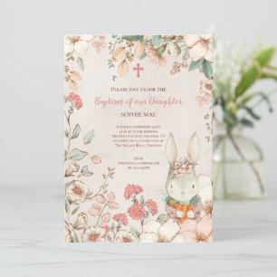 Invitation Baptême vintage Cute Bunny Photo Florals Baby Girl