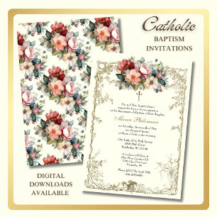 Invitation Baptême vintage Floral Christening Gold Cross