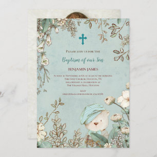 Invitation Baptême vintage mignon ours photo Feuilles bébé ga