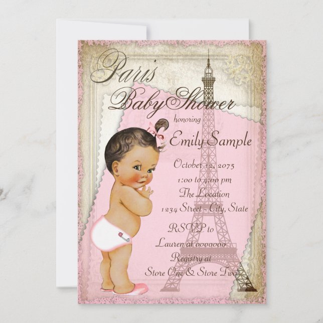 Invitation Baptême Vintage Paris Ethnique pour Bébé Fille (Devant)
