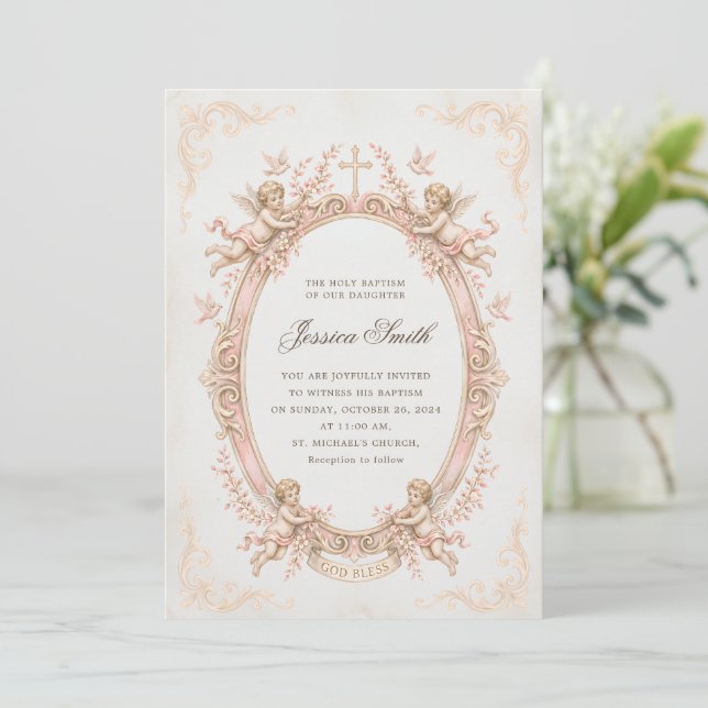 Invitation Baptême Vintage Renaissance Chérubin Rose  (Debout devant)