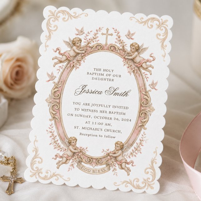 Invitation Baptême Vintage Renaissance Chérubin Rose  (Créateur téléchargé)