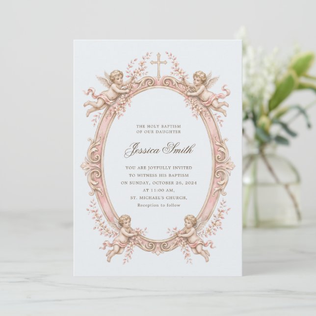 Invitation Baptême Vintage Renaissance Chérubin Rose  (Debout devant)